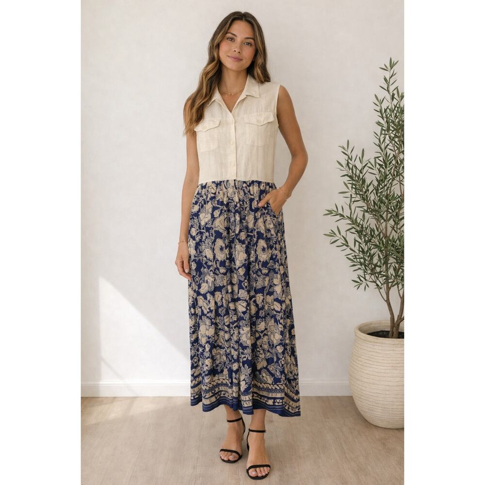 Studio Wear Beige Blue Floral Midi Dress Womens Size 12